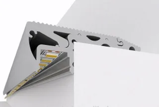 Corner view of aluminium stair nosing LED profile showing LED strip channel and diffuser slot