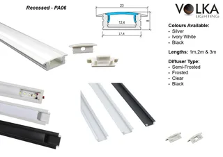Recessed LED profile PA-0 installation diagram with extrusion diffuser and mounting components layout