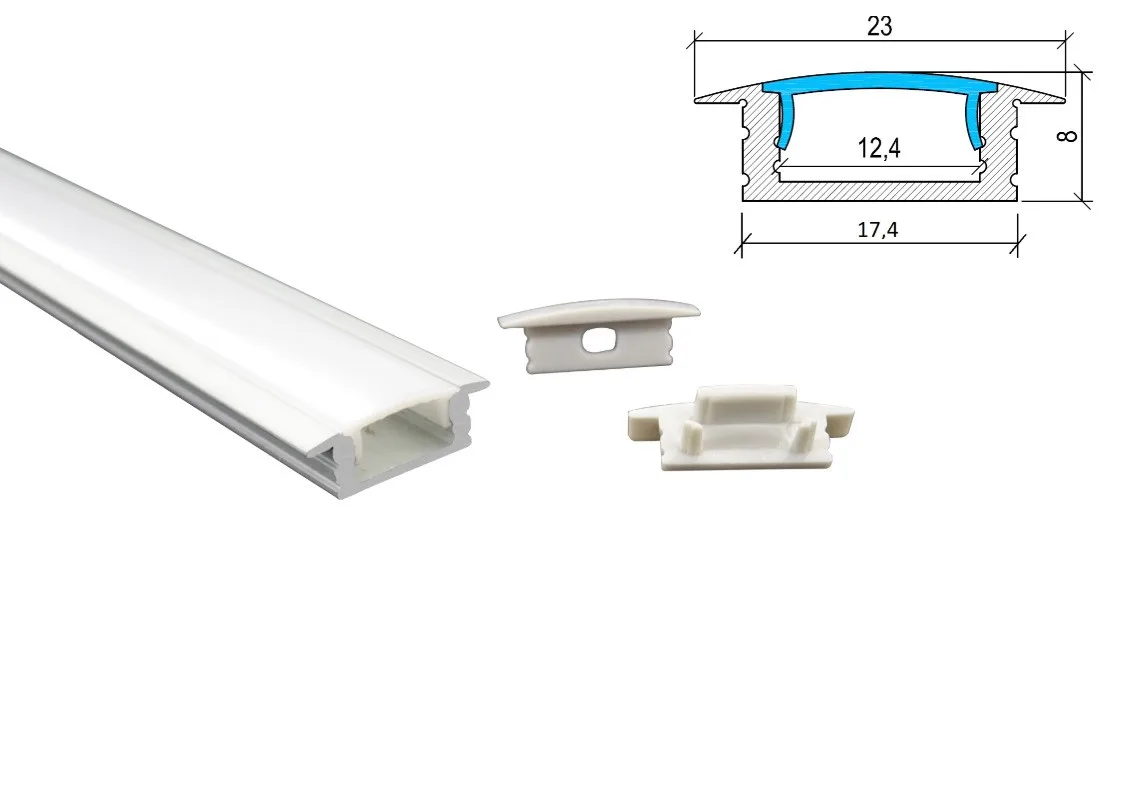 Recessed LED profile PA-0 kit with aluminium channel diffuser end caps and mounting accessories