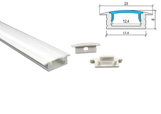 Recessed LED profile PA-0 kit with aluminium channel diffuser end caps and mounting accessories