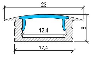 PA-0 recessed LED aluminium profile cross section with dimensions showing compact flush mount design