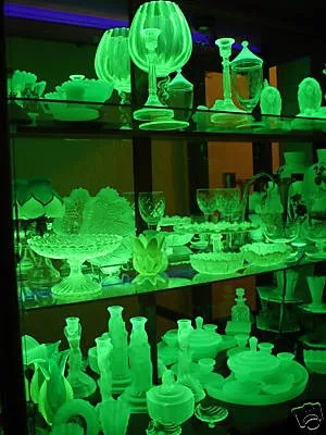 UV black light LED installed in glass display cabinet with uranium glass