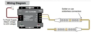 Wiring diagram for CCT LED dimmer showing connections for warm white and cool white strip lighting