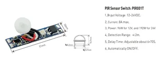 Technical diagram showing adjustable delay settings for PIR motion sensor LED switch