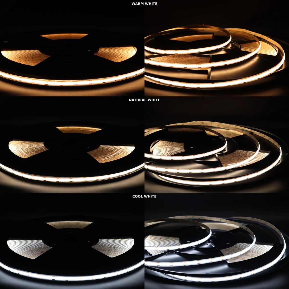 SmoothLine adjustable white LED strip light featuring warm, neutral and cool white tones. 24V 15W/m dot-free linear lighting ideal for kitchens, cabinets, bathrooms, shelving and architectural installations.