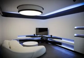 Blue RGB LED strip bulkhead lighting installed in contemporary ceiling design