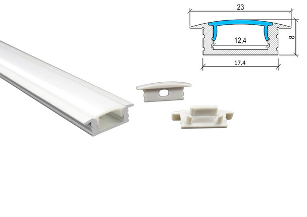 Volka PA-06 recessed aluminium LED profile product photo showing the slim extrusion and polycarbonate diffuser cover used for cabinetry flush-fit installations