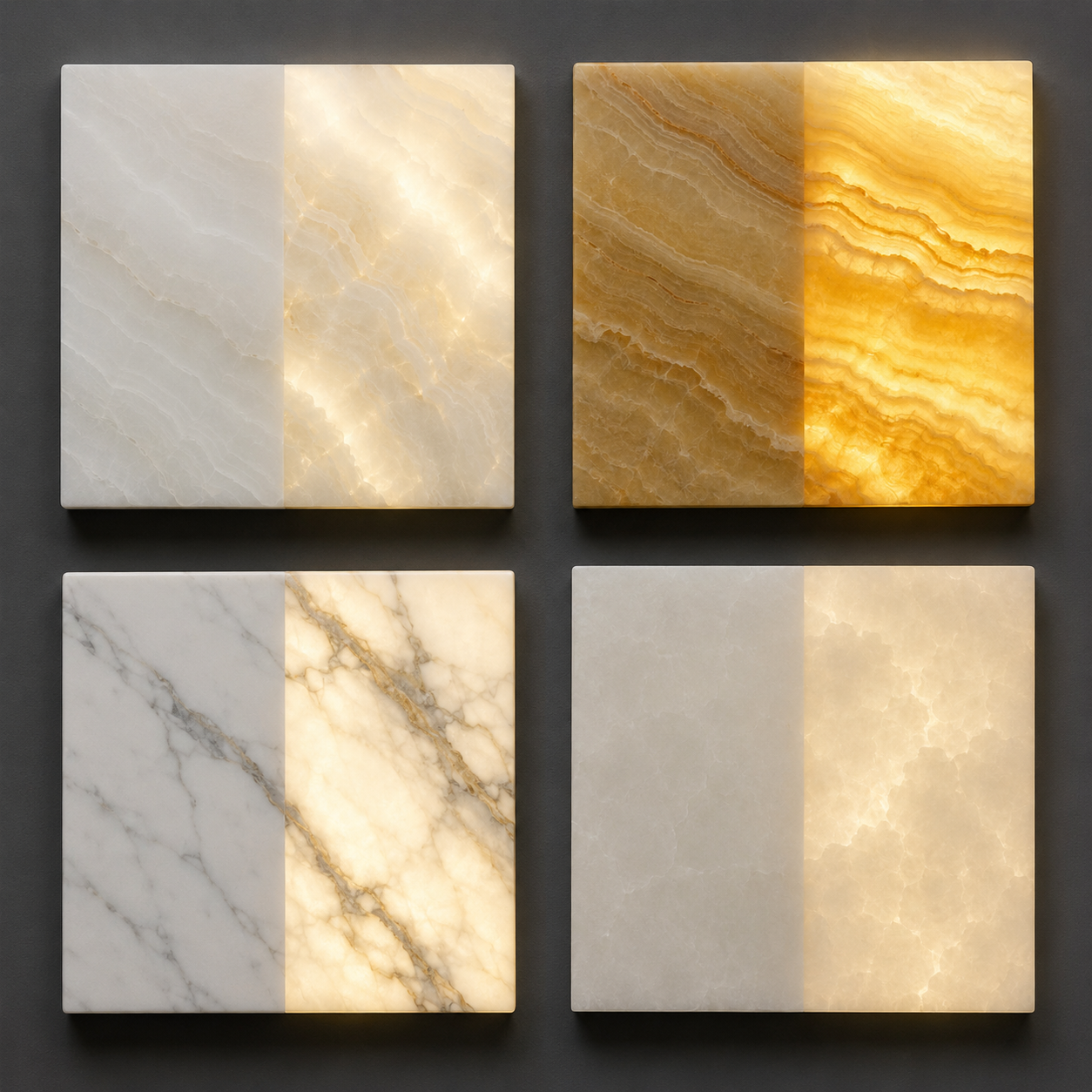 Comparison of four translucent stone slabs (white onyx, honey onyx, Calacatta marble, alabaster) shown lit and unlit side by side