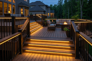 Finished deck with warm LED strip lighting under handrail and stair treads, evening shot