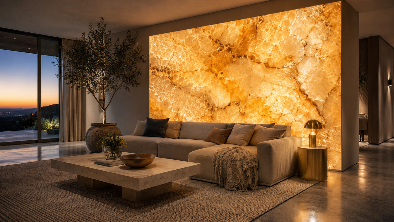 Backlit onyx feature wall in a luxury Australian living room with warm 3000K glow revealing dramatic veining