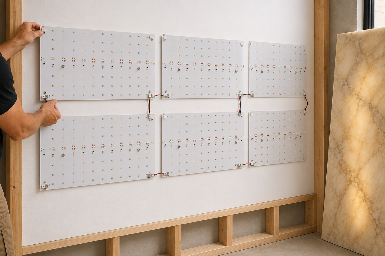Installer mounting Volka LED sheets onto a white-painted timber cavity behind a marble slab, JST connectors visible